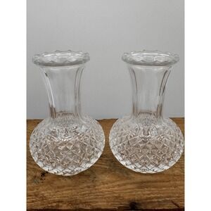 Pair Vintage Clear Pressed Glass Bud Vases 4.5" Diamond Pattern Scalloped Rim